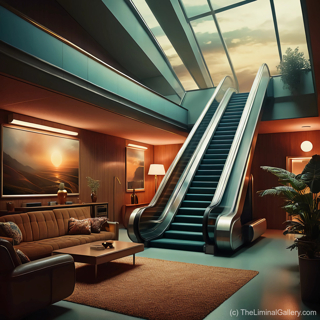 A lit escalator bathed in vibrant retro colors, evoking 70s nostalgia and surreal escape.